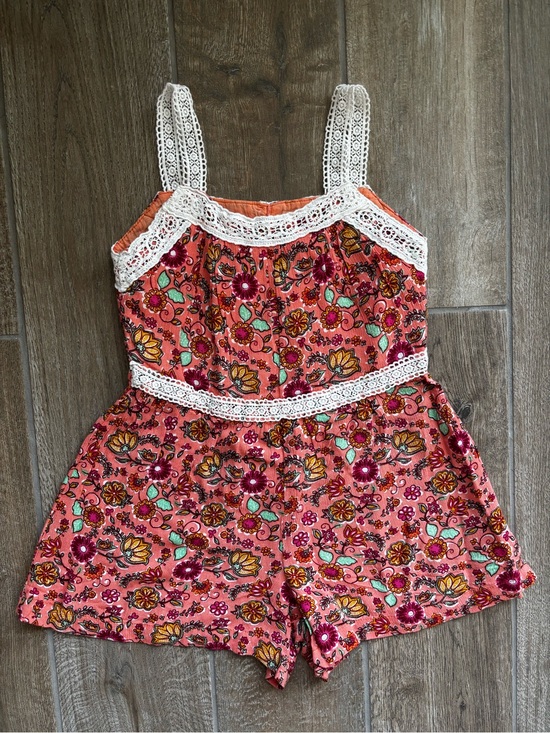 Peek Other - Peek Coral Floral Romper with White Lace
